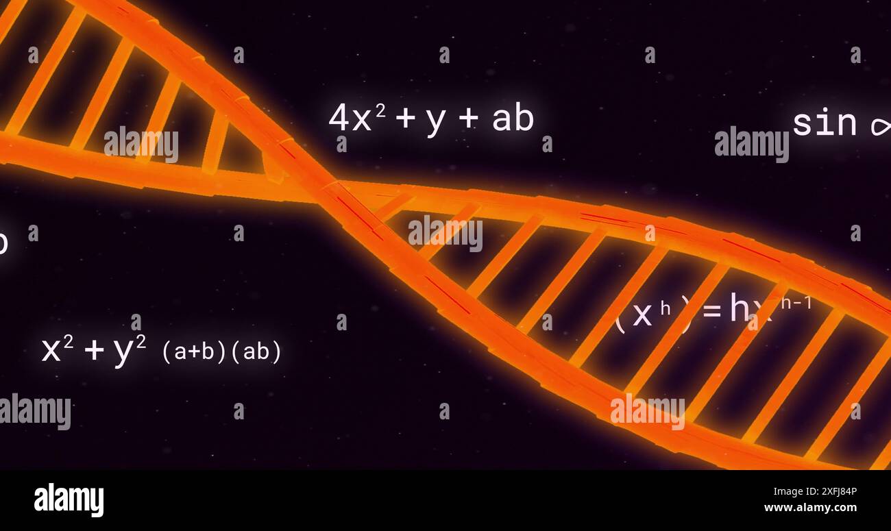 Immagine dell'elaborazione di dati scientifici su filamenti di dna su sfondo nero Foto Stock