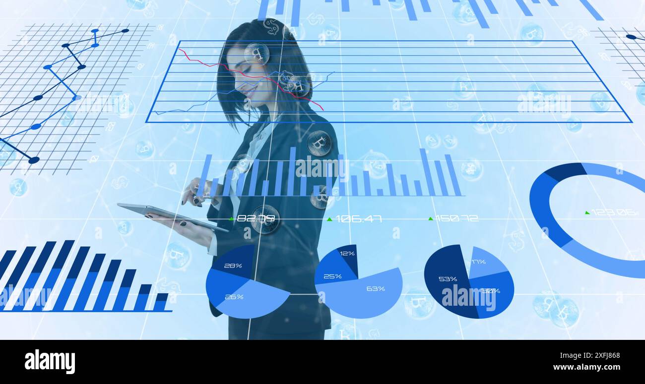 Immagine dell'elaborazione di statistiche con i numeri sulla donna d'affari Foto Stock