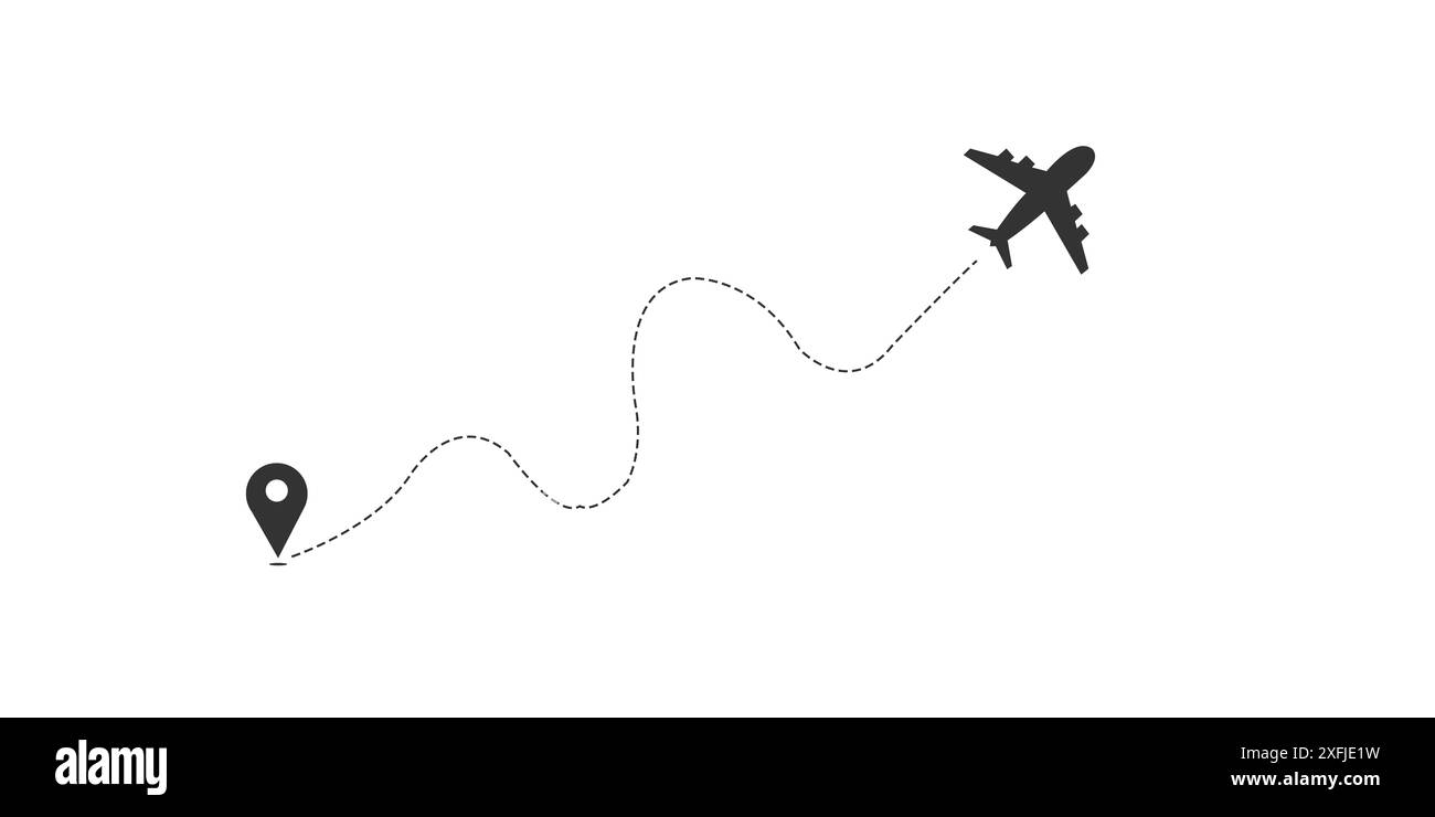 Rotte dell'aereo, icona di viaggio, percorso dal punto di partenza e tracciamento delle linee tratteggiate, rotte dell'aereo volo disegno delle mappe tratteggiate. Foto Stock