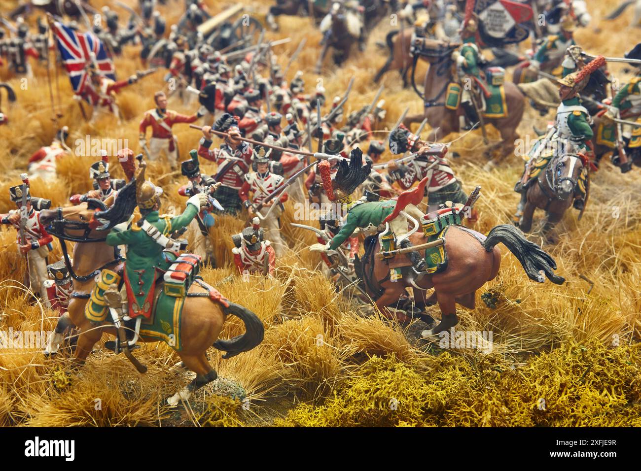 Modello di battaglia di Waterloo con truppe Napoleone in miniatura di stagno Foto Stock