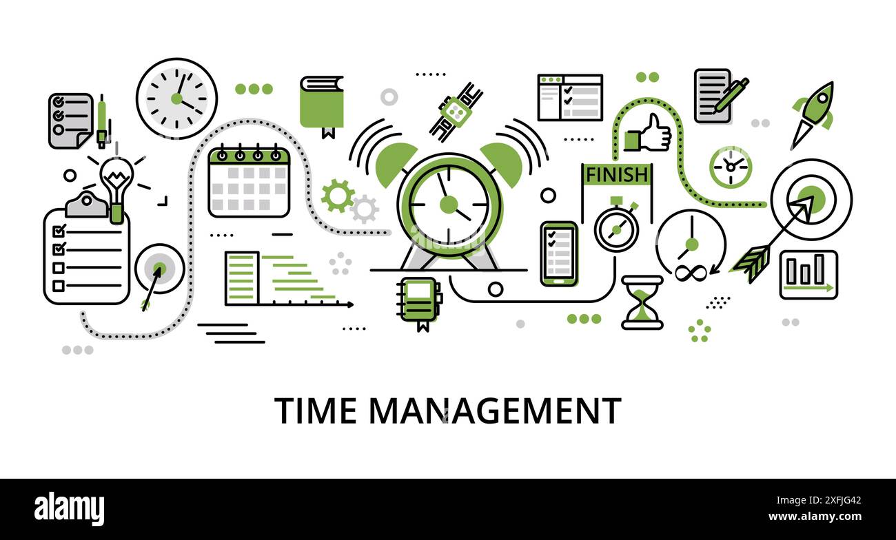 Infografica del concetto di gestione del tempo verde, illustrazione vettoriale di design moderno e piatto e sottile, per la grafica e il web design Illustrazione Vettoriale