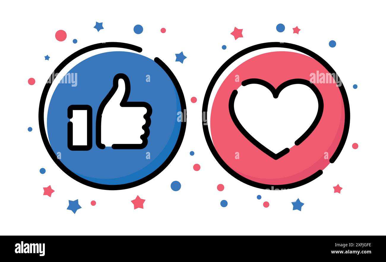 Icone del pollice in alto e del cuore, illustrazione del vettore a linea piatta in primo piano Illustrazione Vettoriale