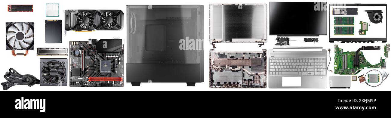 set di componenti e componenti di un moderno notebook slime e pc desktop con vista dall'alto isolata su sfondo bianco. tecnologia hardaware computer conc Foto Stock
