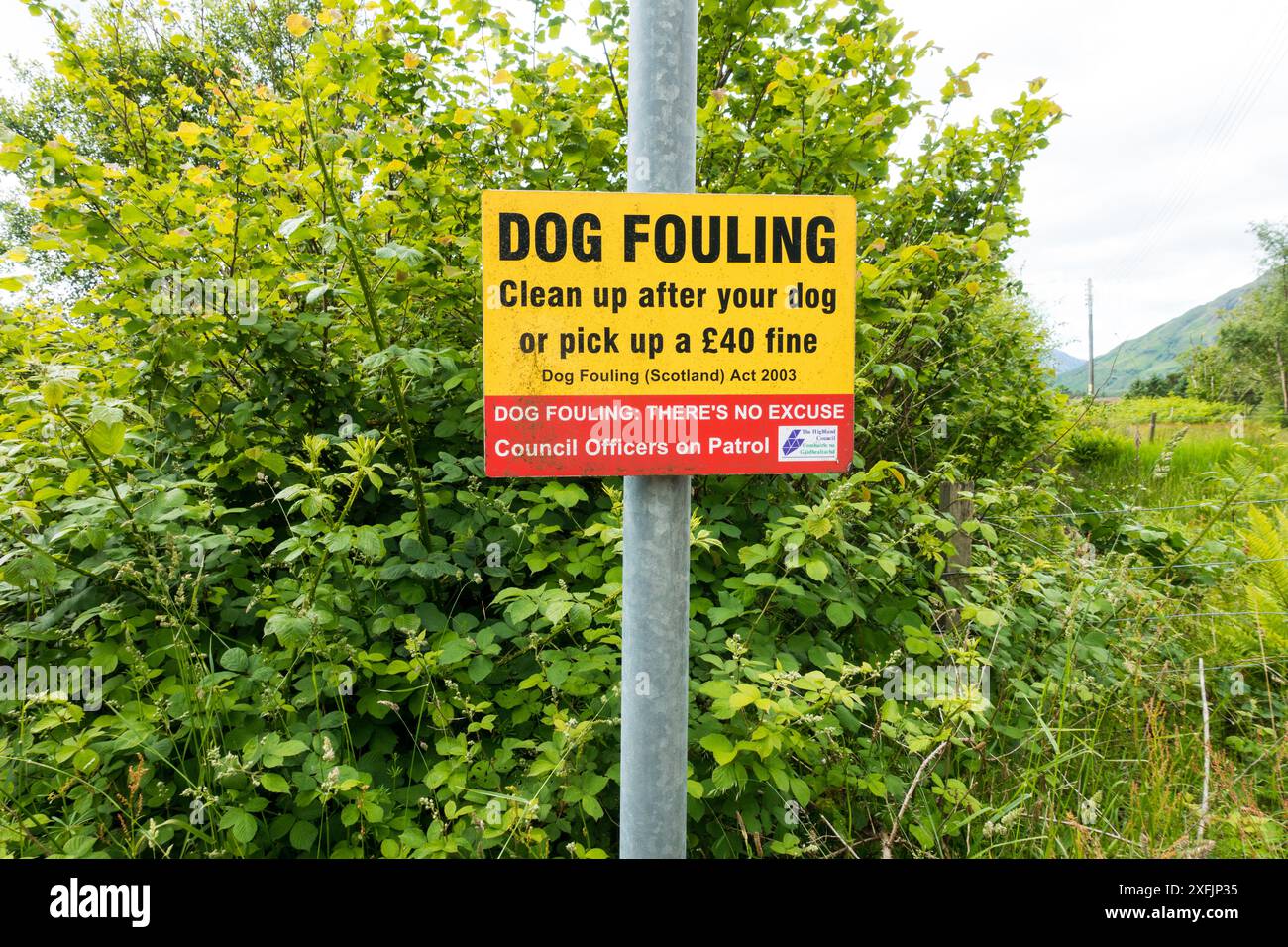 Cartello di avvertimento per la contaminazione dei cani, Highland Scotland, Regno Unito. Foto Stock
