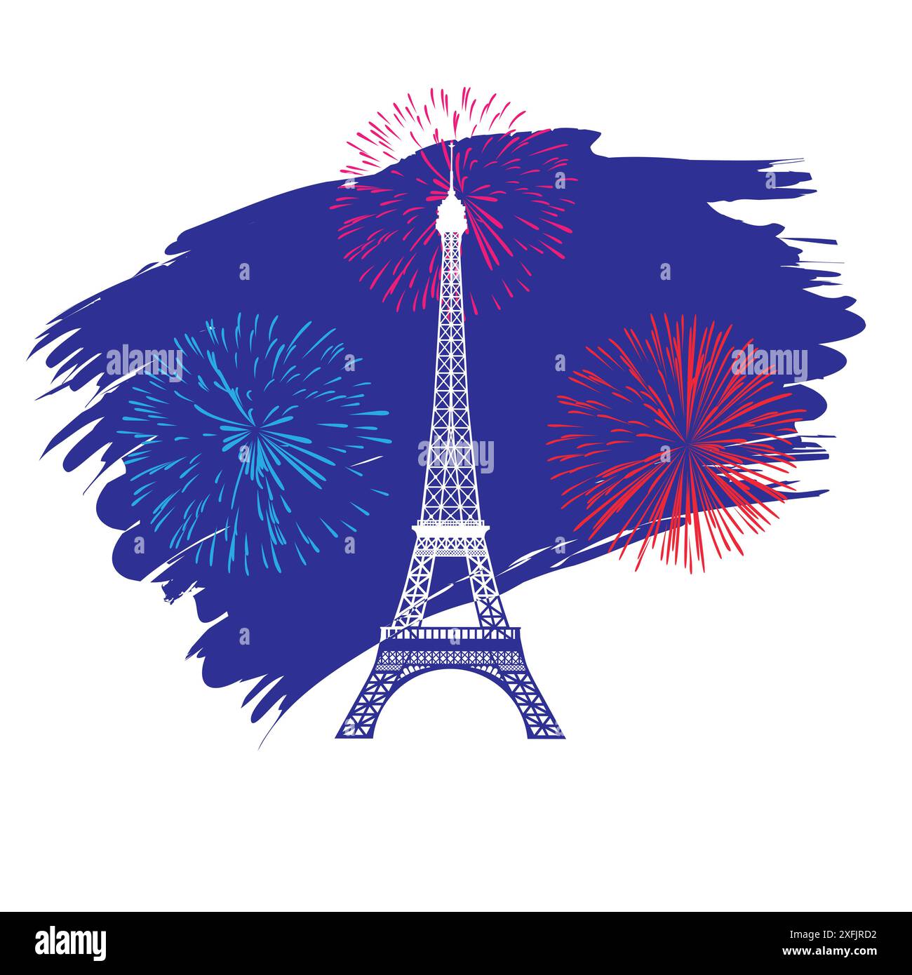 Torre Eiffel e fuochi d'artificio, sfondo delle vacanze francesi. Bastille Day, concetto di vettore di viaggio francese per la stampa di t-shirt o souvenir Illustrazione Vettoriale