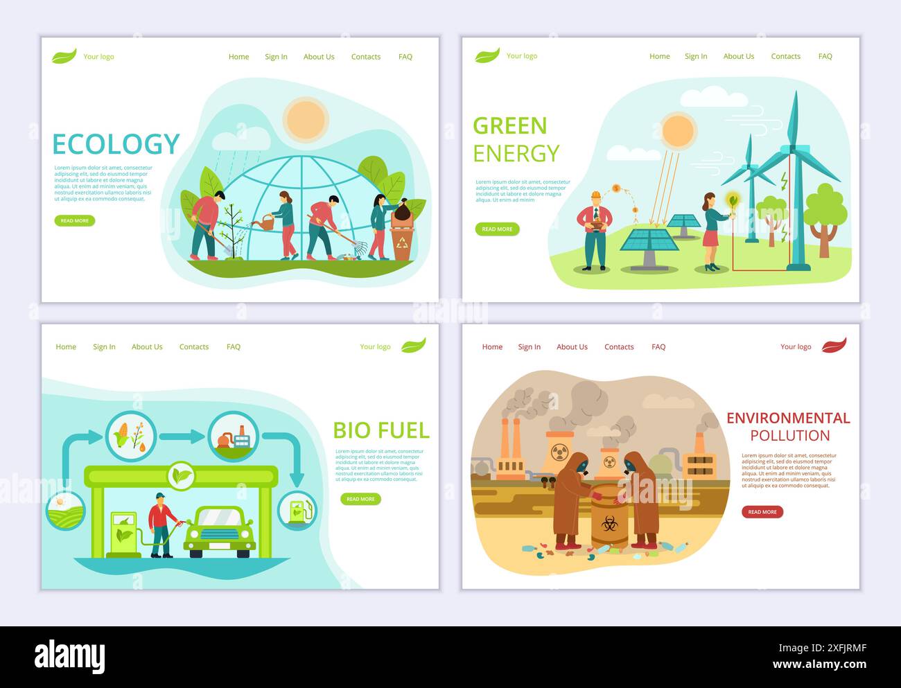 Serie di modelli di siti Web per problemi di ecologia, per la progettazione grafica e Web, per l'illustrazione vettoriale di design piatto Illustrazione Vettoriale