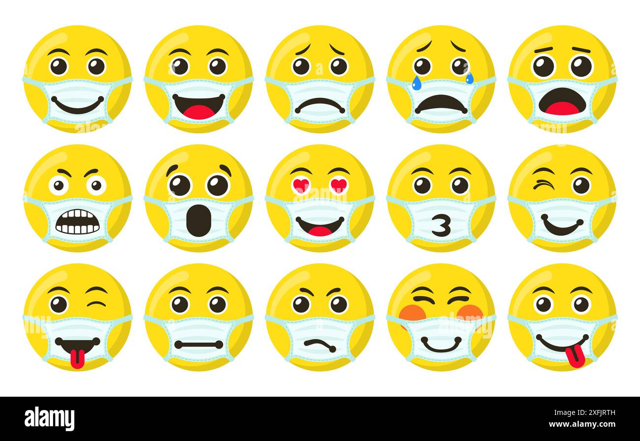 Set di icone gialle sorrisi nella maschera medica, illustrazione vettoriale piatta, per la grafica e il web design Illustrazione Vettoriale