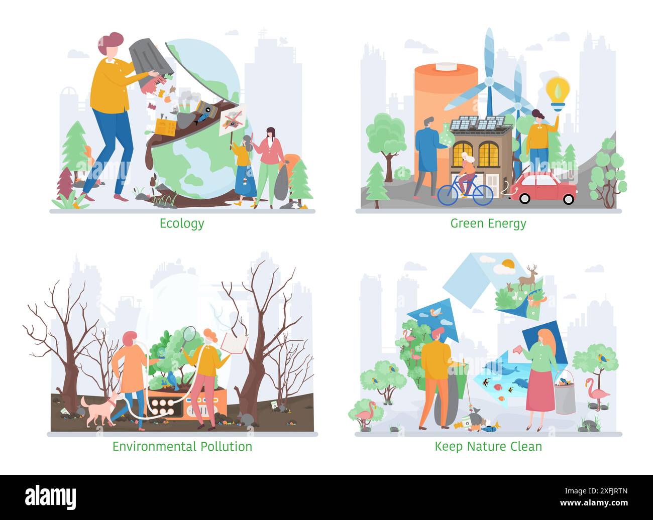 Set di concetti di problemi di ecologia, illustrazione vettoriale di progettazione piatta, per la progettazione grafica e Web Illustrazione Vettoriale