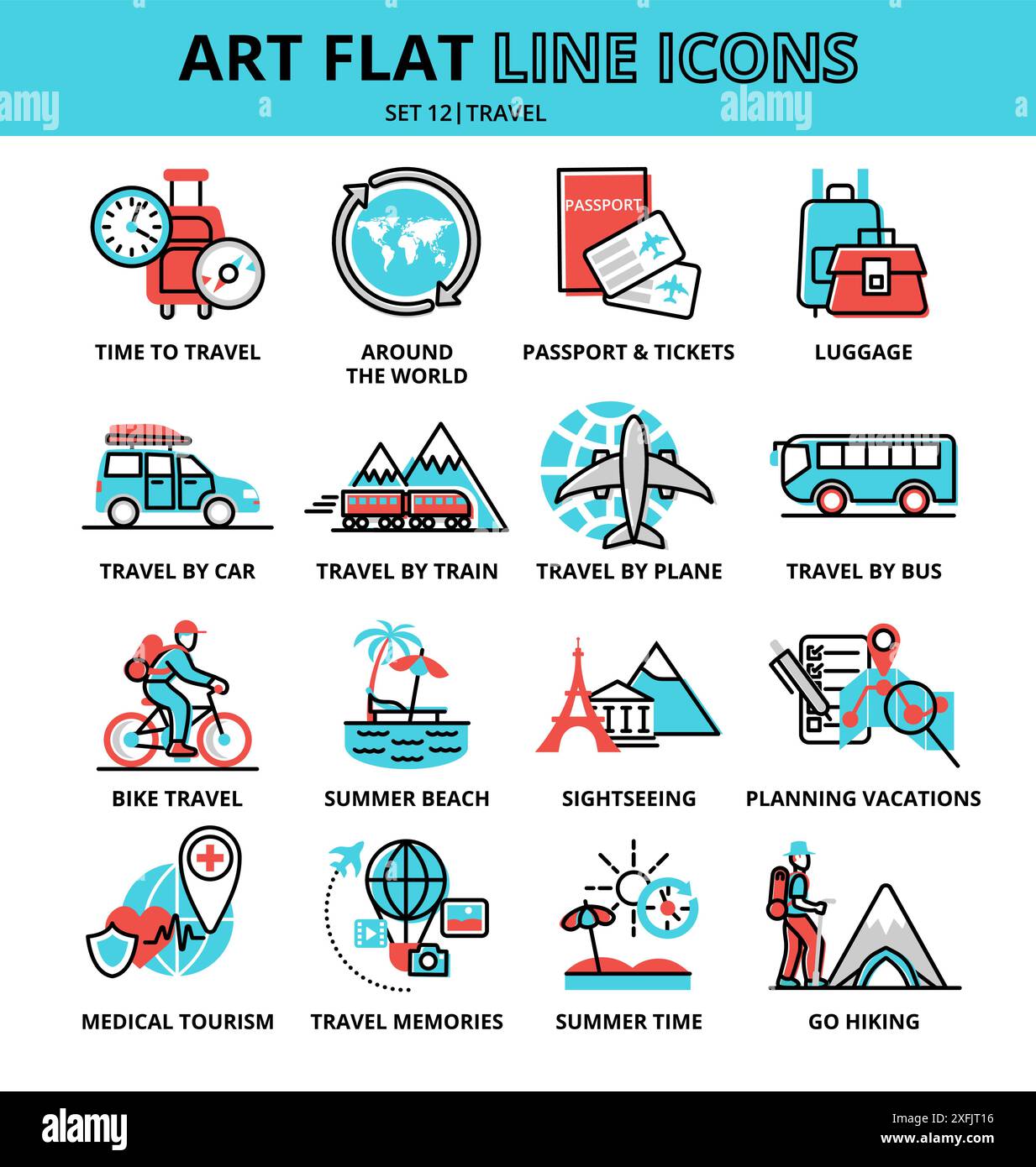 Set di icone di viaggio, moderno design piatto, illustrazione vettoriale, per grafica e web design Illustrazione Vettoriale
