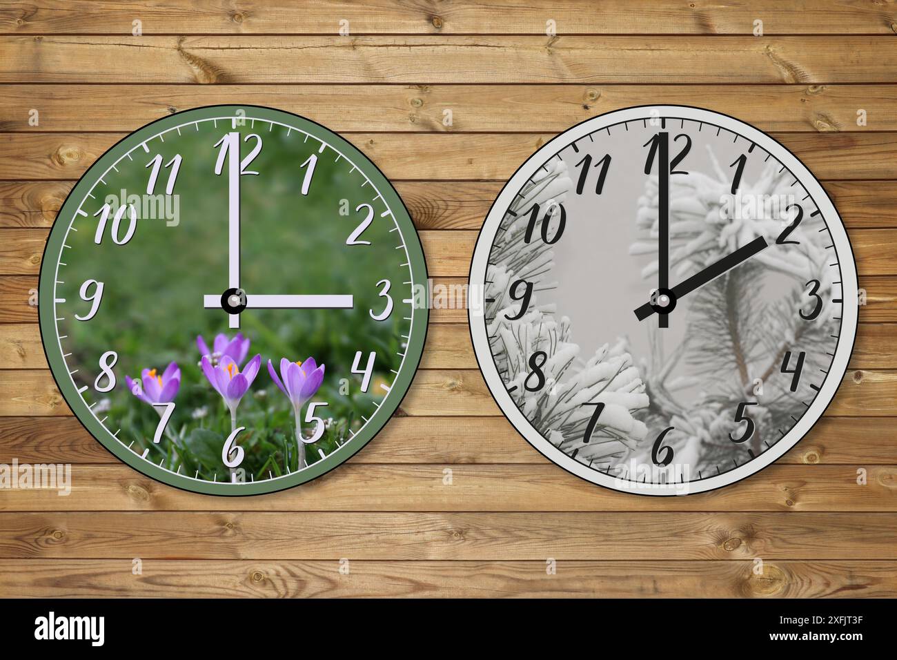Due orologi: Uno rappresenta la primavera e mostra le ore 03:00, l'altro l'inverno e le ore 02:00. Transizione del tempo, passaggio al tempo standard, s Foto Stock