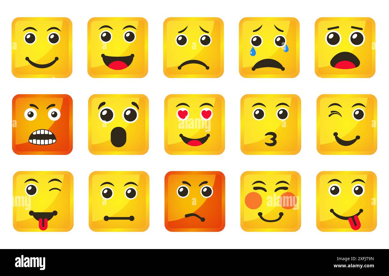 Set di icone Smiles quadrate gialle, illustrazione vettoriale in primo piano Illustrazione Vettoriale