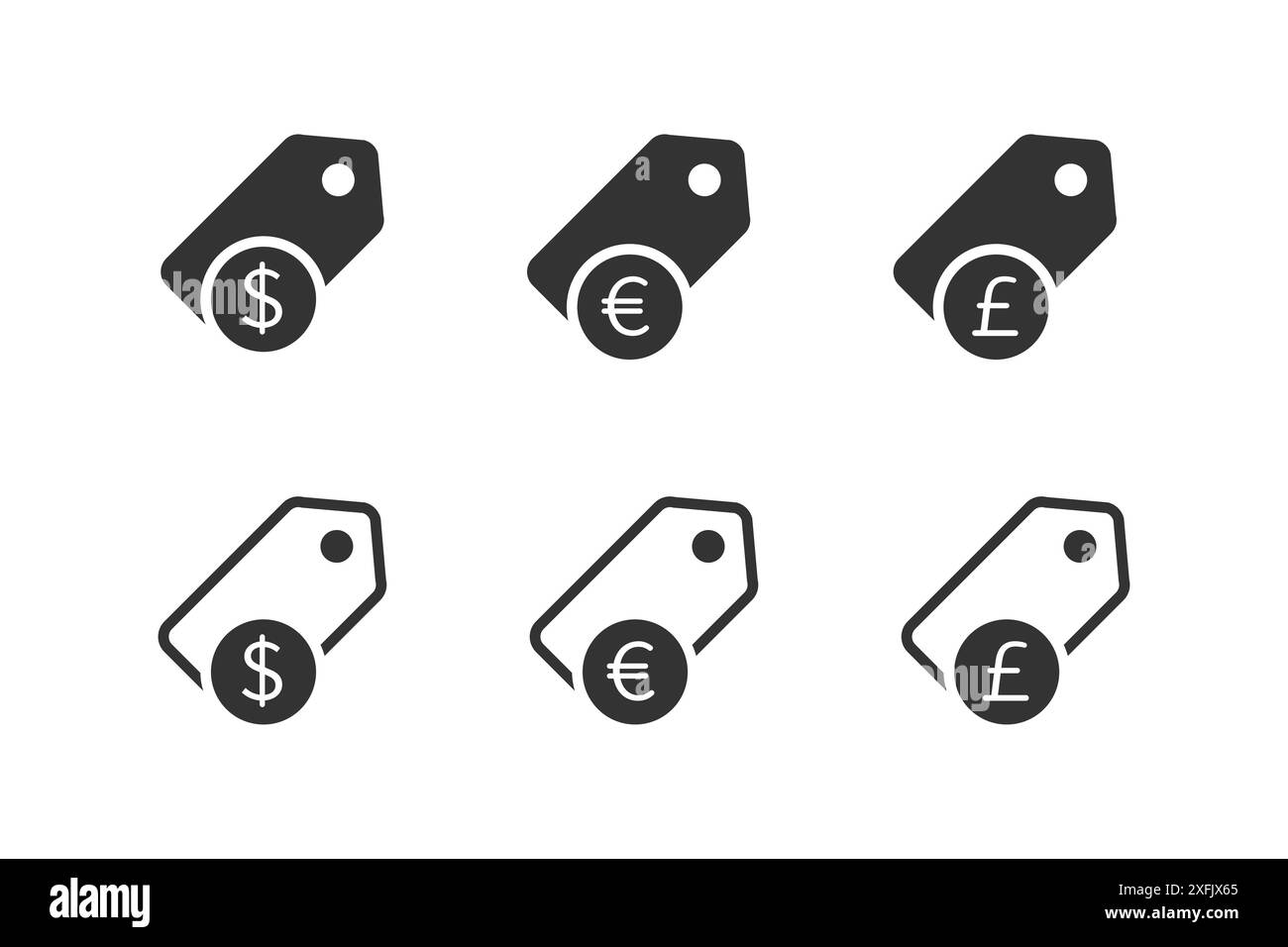 Set di icone prezzo tag. Icone di vendita con simboli di dollaro, euro e sterlina. Illustrazione vettoriale piatta. Illustrazione Vettoriale