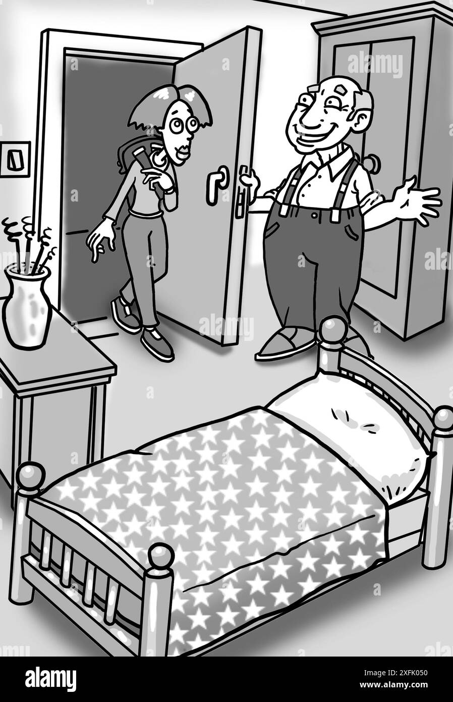 L'arte in scala di grigi in bianco e nero di un giovane viaggiatore di backpacker che viene mostrato in una camera da letto, in una camera da letto, in un B&B, in una camera d'albergo, in un viaggio economico, in un turismo balneare Foto Stock