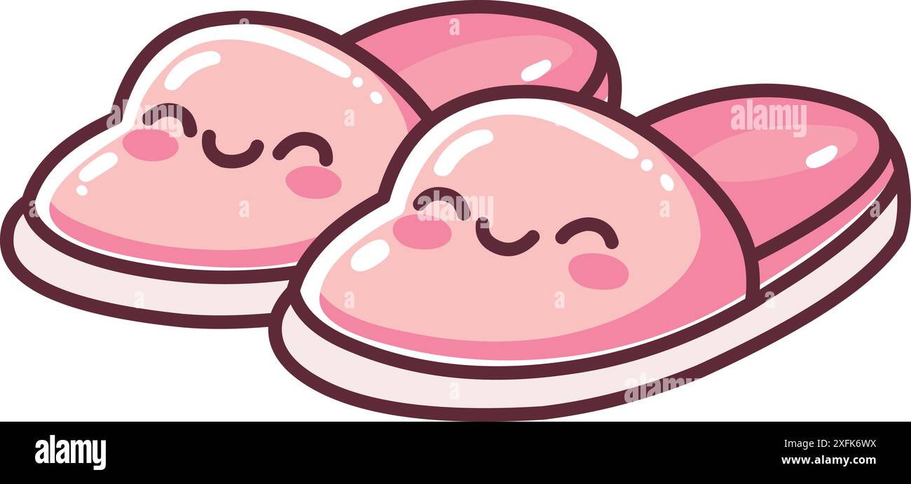 Un paio di pantofole rosa felici in stile kawaii Illustrazione Vettoriale
