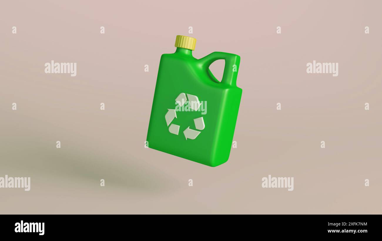 Illustrazione 3D di un contenitore di plastica verde con simbolo di riciclaggio su sfondo beige, che promuove pratiche ecocompatibili. Foto Stock