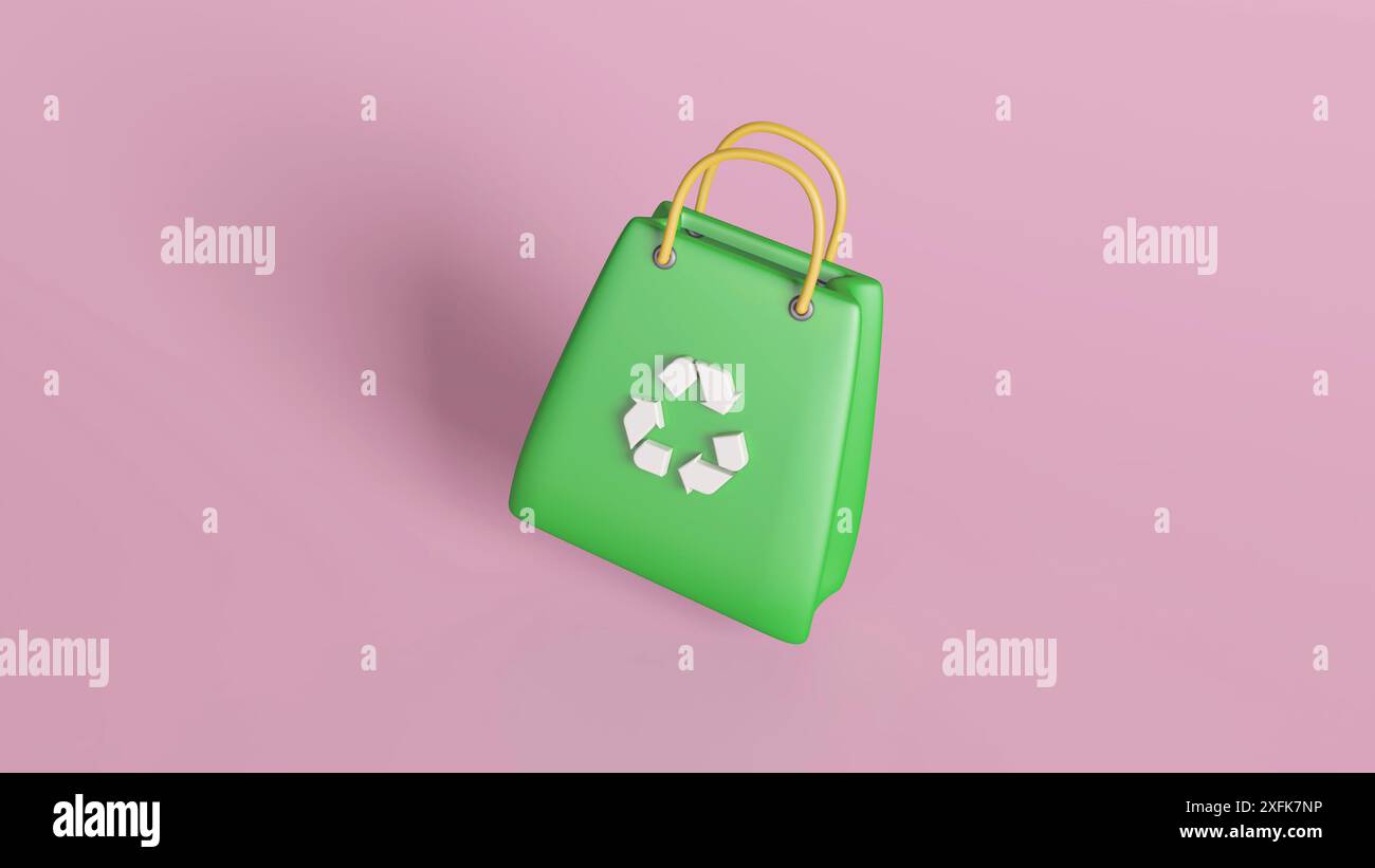 Illustrazione 3D di una borsa della spesa riutilizzabile verde con manici gialli e simbolo di riciclaggio, su sfondo rosa. Foto Stock