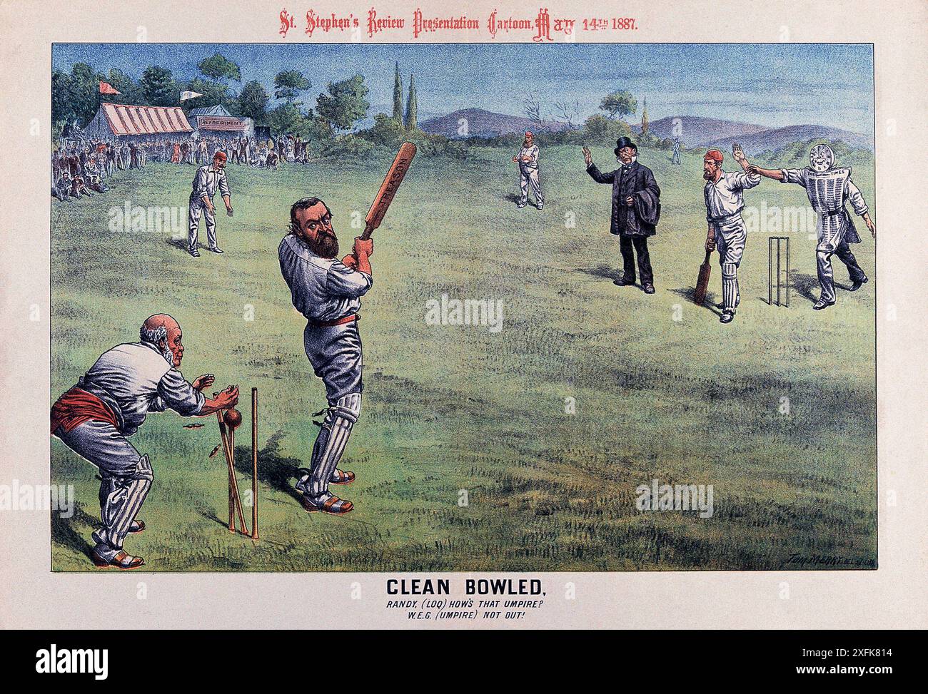 La litografia satirica raffigura una partita di cricket con i politici britannici. Charles Stewart Parnell, un importante leader nazionalista irlandese, sta battendo con un pipistrello etichettato tradimento, mentre il quotidiano Times agisce come lanciatore. Una figura sullo sfondo che indossa un giornale per un casco rappresenta la stampa. Questa interpretazione umoristica del clima politico del tempo mostra Parnell come bersaglio di critiche da parte della stampa. Foto Stock