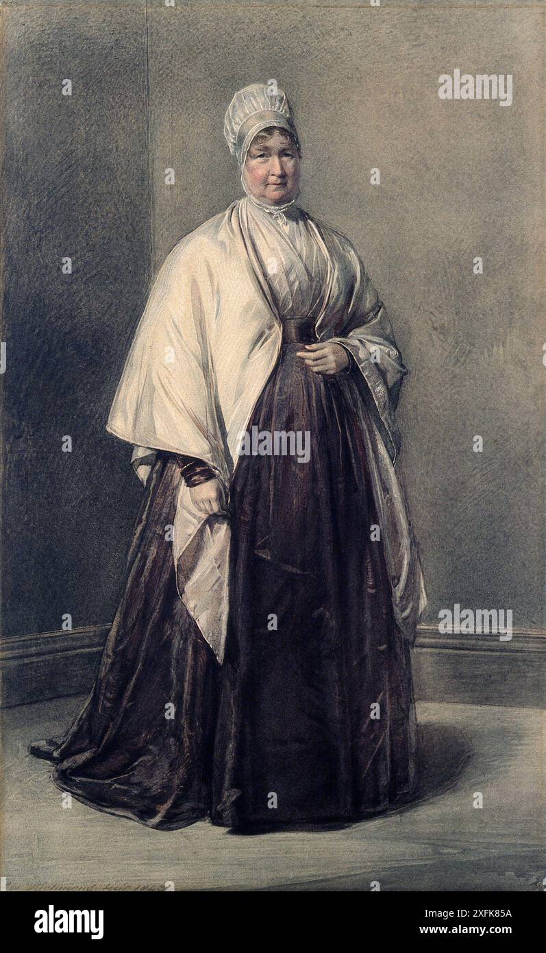 Elizabeth Fry (1780-1845), raffigurata qui nel 1843, era un'importante riformatrice sociale e filantropa inglese rinomata per il suo lavoro nella riforma carceraria. Nato in una famiglia quacchera a Norwich, in Inghilterra, Fry sviluppò un forte senso di giustizia sociale e compassione fin dalla tenera età. È nota soprattutto per i suoi sforzi volti a migliorare le condizioni deplorevoli nelle prigioni britanniche, in particolare la prigione di Newgate a Londra. Foto Stock