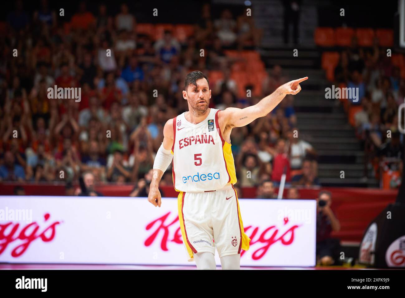 Valencia, Spagna. 3 luglio 2024. Rudy Fernandez, squadra spagnola vista in azione durante la partita tra Bahamas e Polonia nel Torneo di qualificazione Olimpica FIBA Spagna 2024 fase a gironi a Pabellon Fuente de San Luis. Punteggio finale; Spagna 89 : 81 Angola. (Foto di Vicente Vidal Fernandez/SOPA Images/Sipa USA) credito: SIPA USA/Alamy Live News Foto Stock