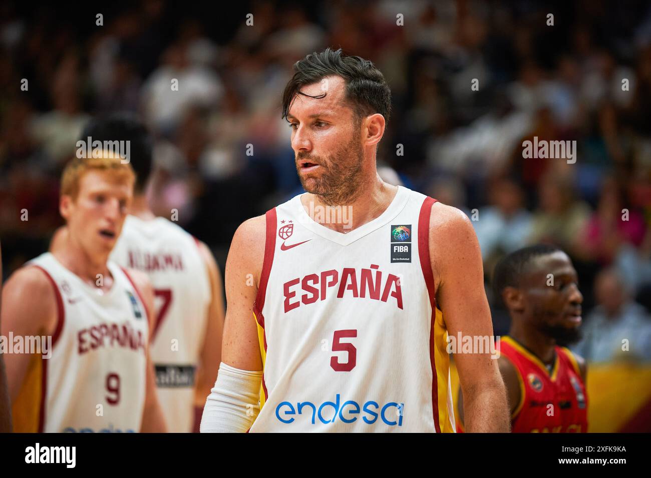 Valencia, Spagna. 3 luglio 2024. Rudy Fernandez, squadra spagnola vista in azione durante la partita tra Bahamas e Polonia nel Torneo di qualificazione Olimpica FIBA Spagna 2024 fase a gironi a Pabellon Fuente de San Luis. Punteggio finale; Spagna 89 : 81 Angola. (Foto di Vicente Vidal Fernandez/SOPA Images/Sipa USA) credito: SIPA USA/Alamy Live News Foto Stock
