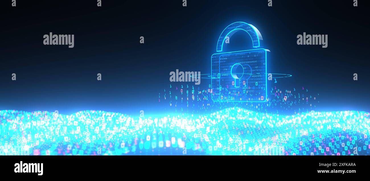 Concetto di sicurezza dei dati - illustrazione 3D. Illustrazione 3D con un blocco di sicurezza tra le ondate di byte. Foto Stock