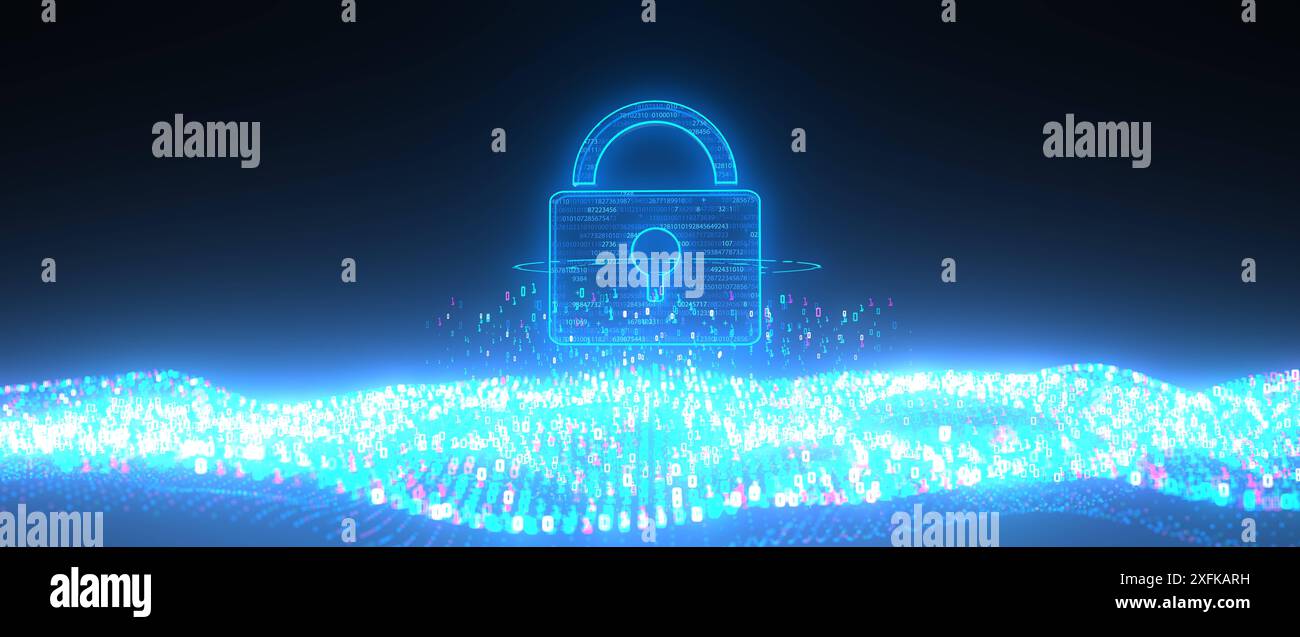 Concetto di sicurezza dei dati - illustrazione 3D. Illustrazione 3D con un blocco di sicurezza tra le ondate di byte. Foto Stock