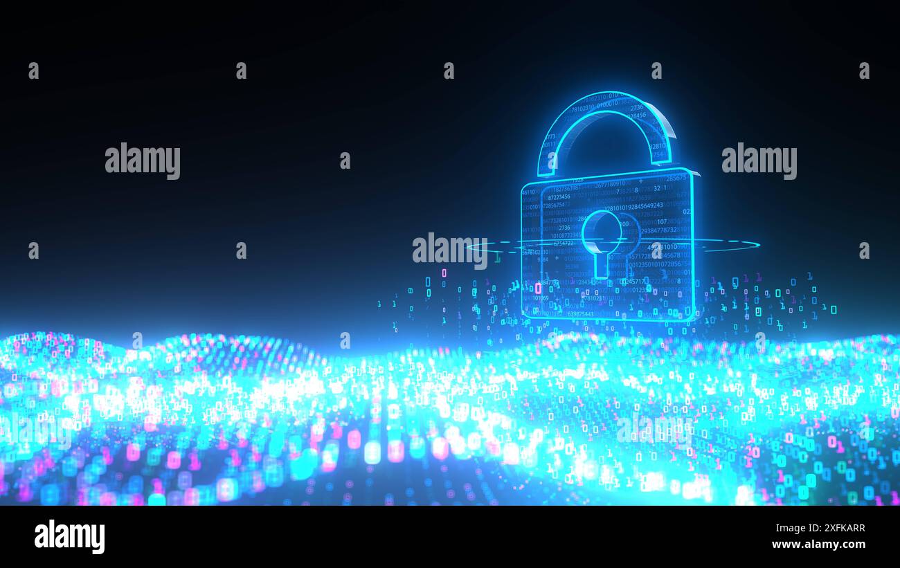 Concetto di sicurezza dei dati - illustrazione 3D. Illustrazione 3D con un blocco di sicurezza tra le ondate di byte. Foto Stock