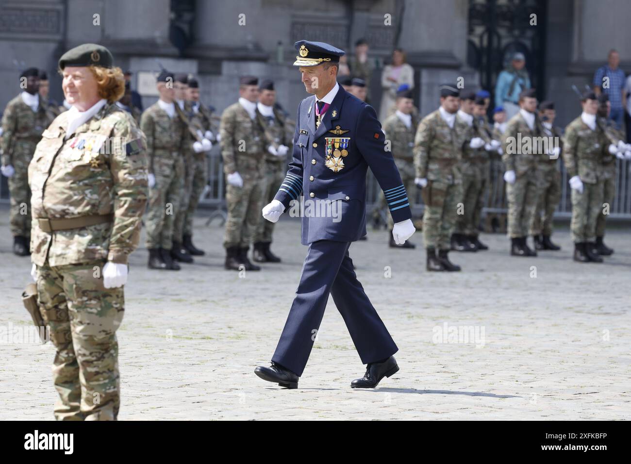 Bruxelles, Belgio. 4 luglio 2024. Nuovo capo della difesa Frederik Vansina nella foto durante una cerimonia della difesa belga per trasferire il comando dall'uscente al capo di stato maggiore, giovedì 4 luglio 2024 a Bruxelles. Il tenente generale Vansina succede all'ammiraglio Hofman, che sta lasciando il servizio attivo. BELGA FOTO NICOLAS MAETERLINCK credito: Belga News Agency/Alamy Live News Foto Stock