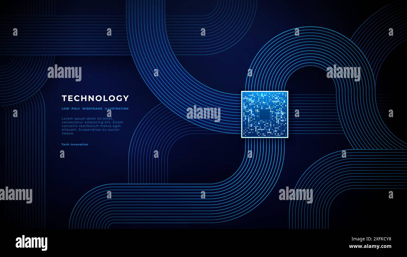 Chip futuristico e circuito stampato su sfondo tecnologico. Illustrazione Vettoriale