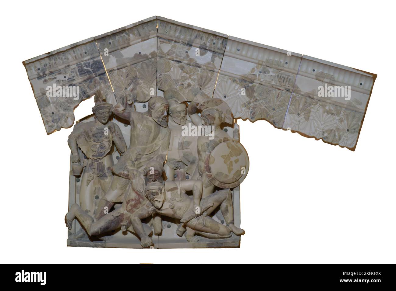 Placca architettonica etrusca proveniente dal lumen del tempio A di Pyrgi. Scena del ciclo tebano, i sette contro Tebe: Menerva, Tinia, Capane Foto Stock