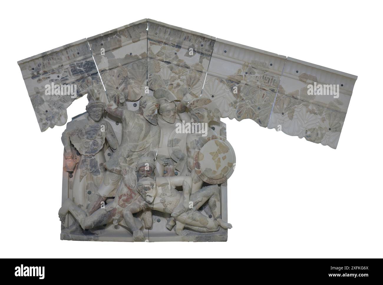 Placca architettonica etrusca proveniente dal lumen del tempio A di Pyrgi. Scena del ciclo tebano, i sette contro Tebe: Menerva, Tinia, Capane Foto Stock