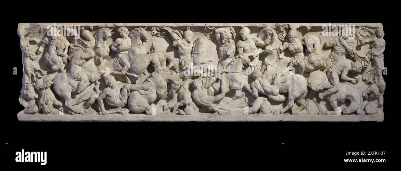 Sarcofago con scena di una battaglia tra Romani e barbari, conosciuto come il piccolo Sarcofago di Ludovisi. Pannello anteriore. Foto Stock