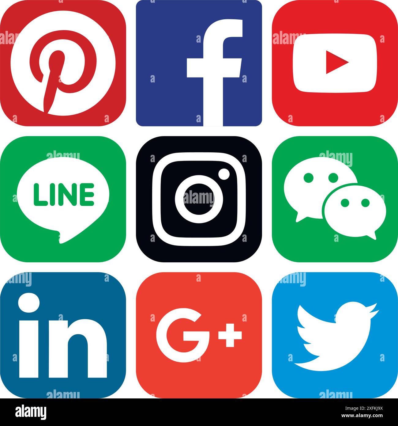 15 giugno 2017: Icone popolari dei social media: Facebook, Twitter, Google Plus, Instagram, Pinterest, LinkedIn, Wechat, Line e YouTube Illustrazione Vettoriale