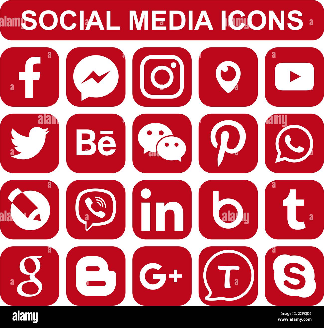 21 febbraio 2020: Set di icone rosse popolari dei social media: Facebook, Twitter, Skype, Instagram, Pinterest, LinkedIn, Tumblr e altri Illustrazione Vettoriale