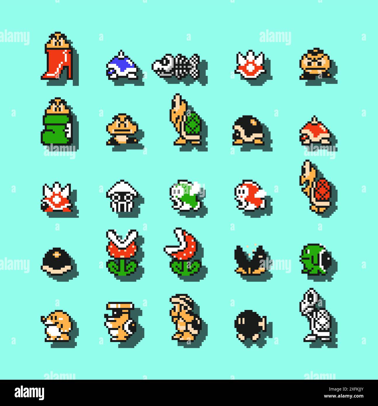 8 dicembre 2020: Set di personaggi nemici dal classico videogioco Super Mario Bros 3, illustrazione vettoriale pixel design. Super Mario Bros 3 è un pla Illustrazione Vettoriale