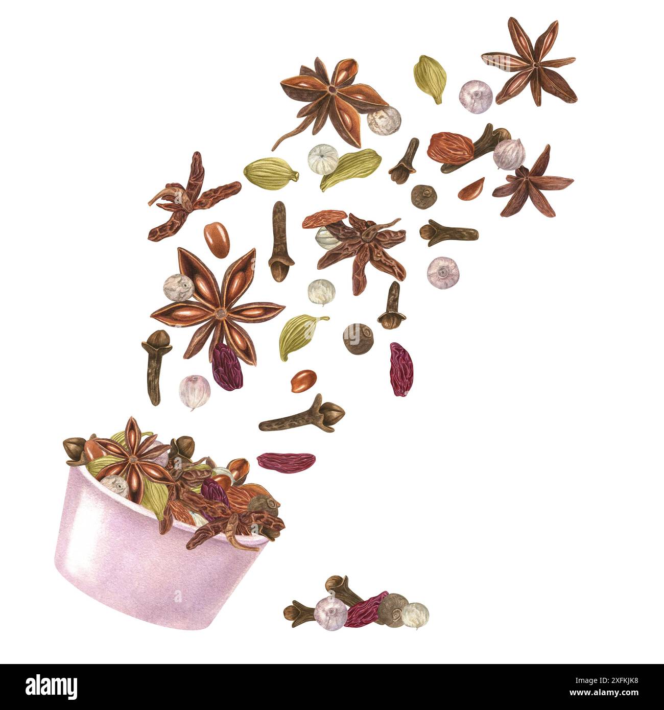 Cardamomo, anice stellato, chiodi di garofano, uva passa e pepe bianco nel recipiente rosa. Spezie invernali dall'aroma intenso. Ingredienti aromatici per bevande natalizie e panetteria Foto Stock