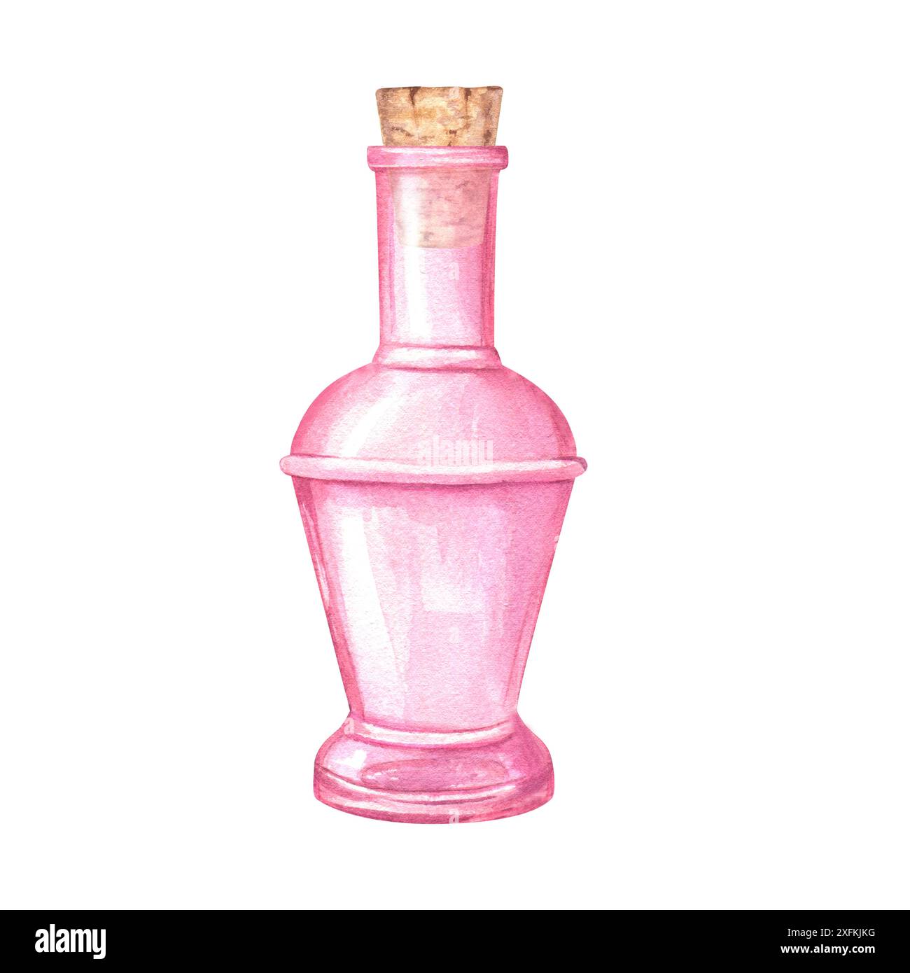 Bottiglia di vetro rosa con sughero di legno. Vetreria vintage con tappo per profumo, olio, liquido, aromaterapia o bevande. Illustrazione acquerello. Foto Stock