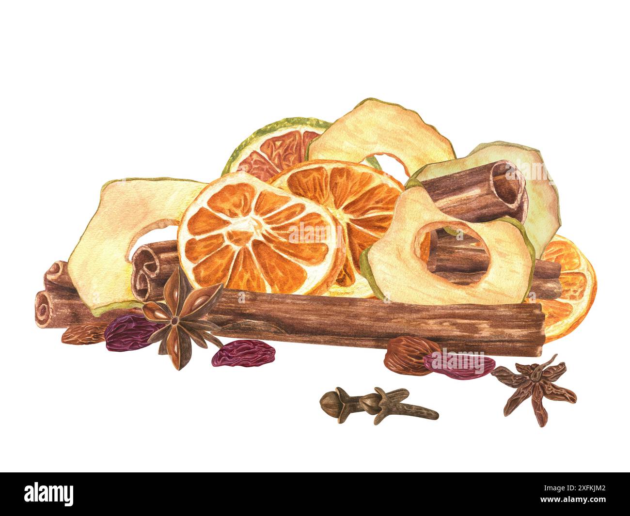 Un mucchio di spezie invernali. Fette secche di arancia, chiodi di garofano, badiana, cannella e mela. Ingredienti aromatici per VIN brulé e bevande natalizie. Foto Stock