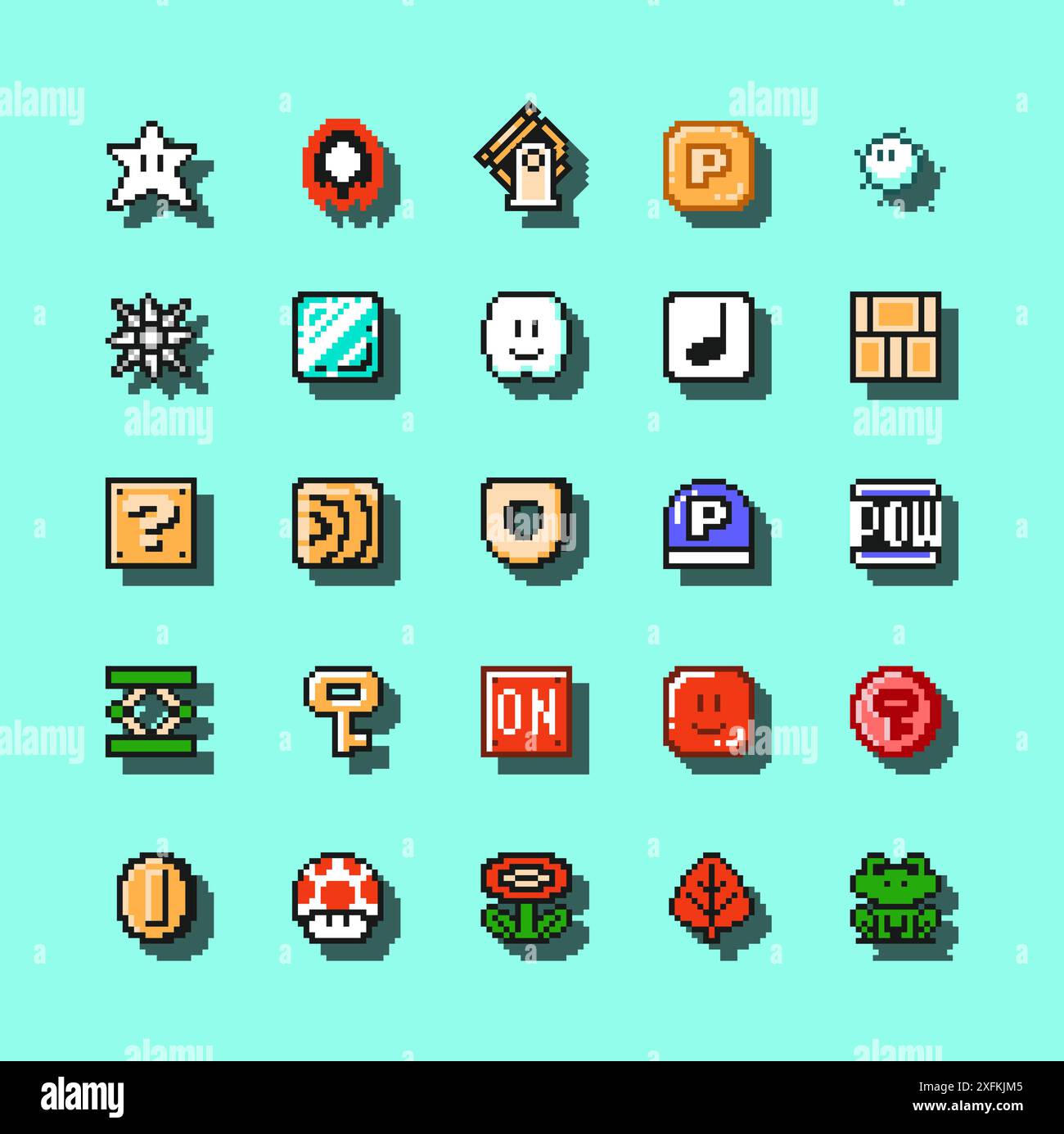 8 dicembre 2020: Set di oggetti dal classico videogioco Super Mario Bros 3, illustrazione vettoriale pixel design. Super Mario Bros 3 è un video della piattaforma g Illustrazione Vettoriale
