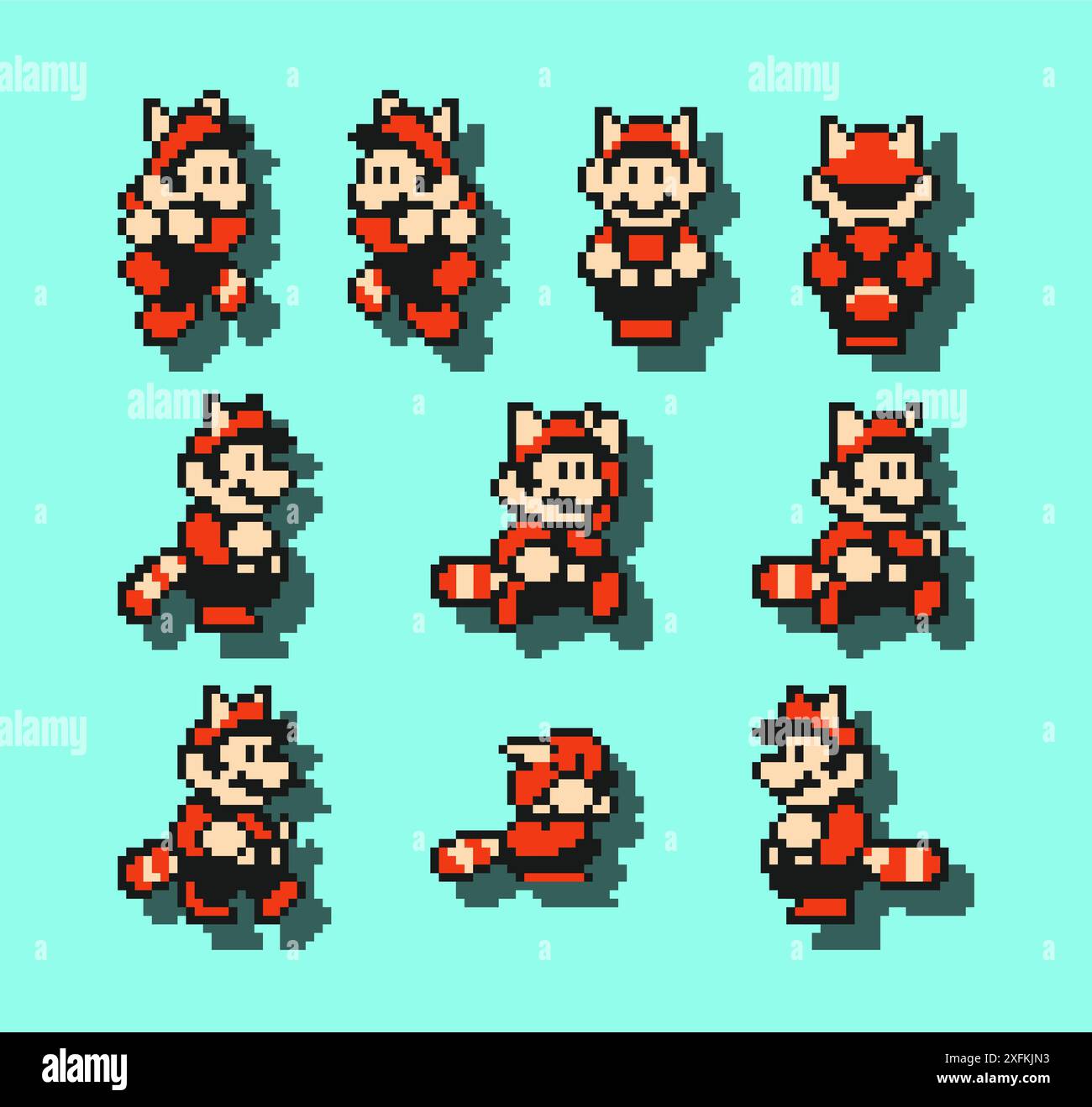 8 dicembre 2020: Set of Mario Cat Moves, arte del videogioco classico Super Mario Bros 3, illustrazione vettoriale di pixel design. Super Mario Bros 3 è un pla Illustrazione Vettoriale