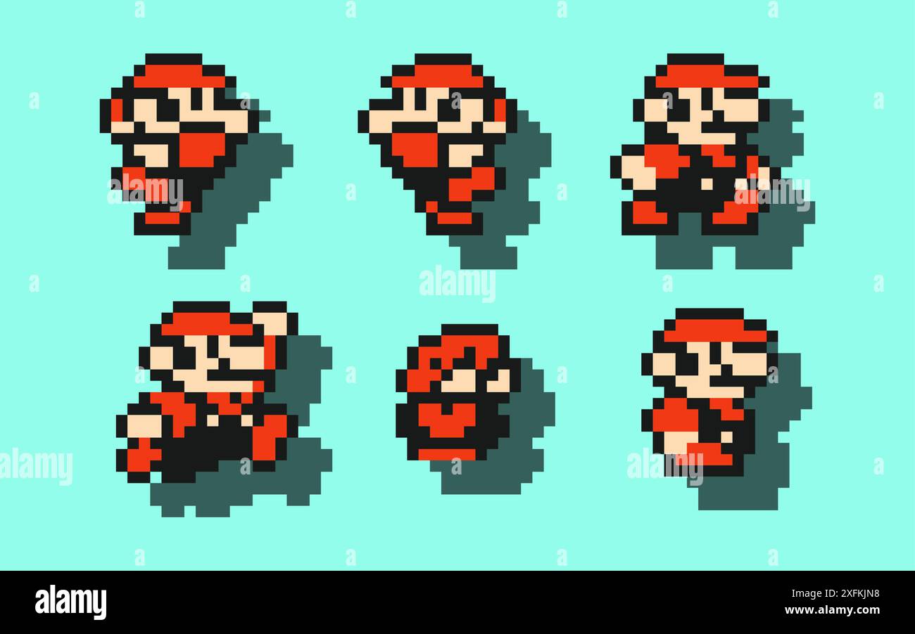 8 dicembre 2020: Set of Mario Moves, arte del videogioco classico di Super Mario Bros 3, illustrazione vettoriale di pixel design. Super Mario Bros 3 è un platform Illustrazione Vettoriale