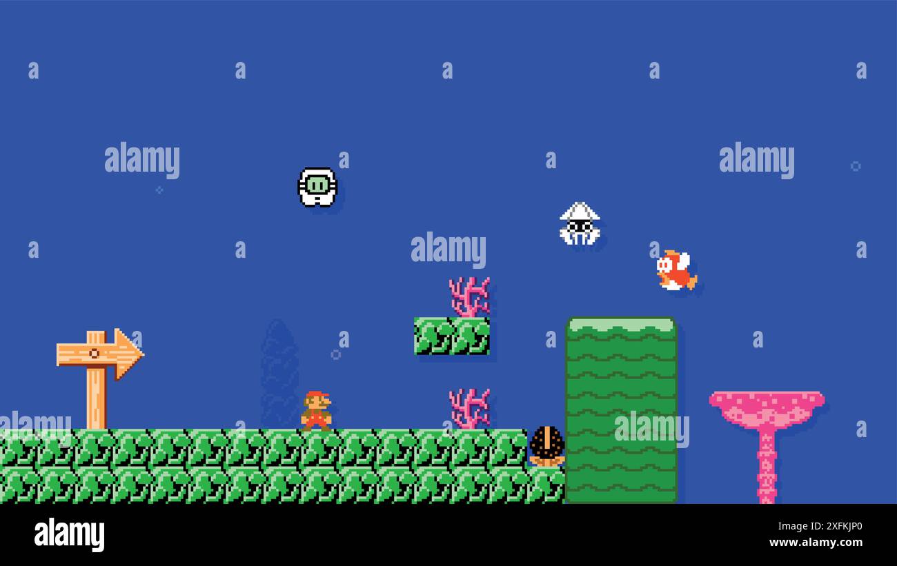 29 ottobre 2020: Mario sott'acqua, arte del videogioco classico di Super Mario Bros, illustrazione vettoriale di pixel design. Super Mario Bros è un video della piattaforma Illustrazione Vettoriale