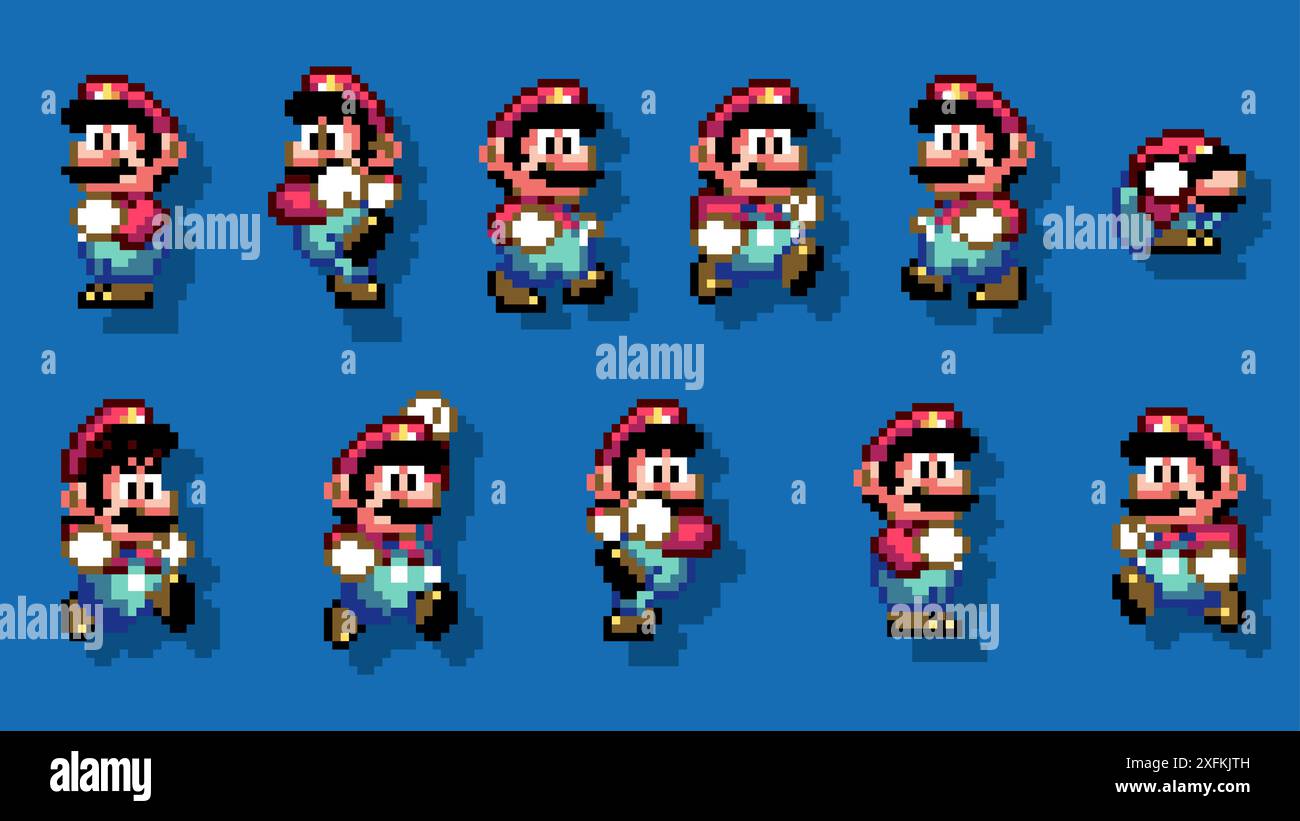1 febbraio 2020: Set di grandi mosse di Mario, arte del videogioco classico di Super Mario World, illustrazione vettoriale di pixel design. Super Mario World è un platform Illustrazione Vettoriale