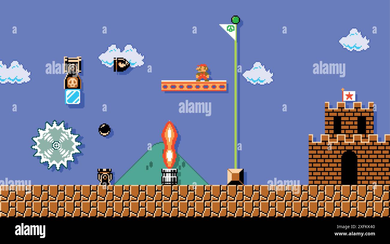 1° ottobre 2020: Mario Near Castle, arte del classico videogioco Super Mario Bros, illustrazione vettoriale di pixel design. Super Mario Bros è un video platform Illustrazione Vettoriale