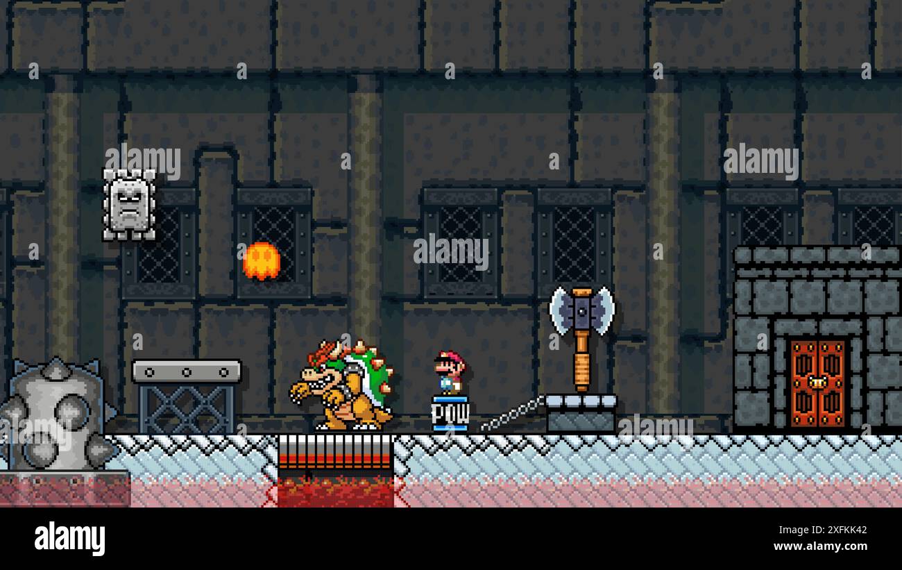 1 febbraio 2020: Mario nel castello Bowser, arte del videogioco classico Super Mario World, illustrazione vettoriale pixel design. Super Mario World è un p Illustrazione Vettoriale