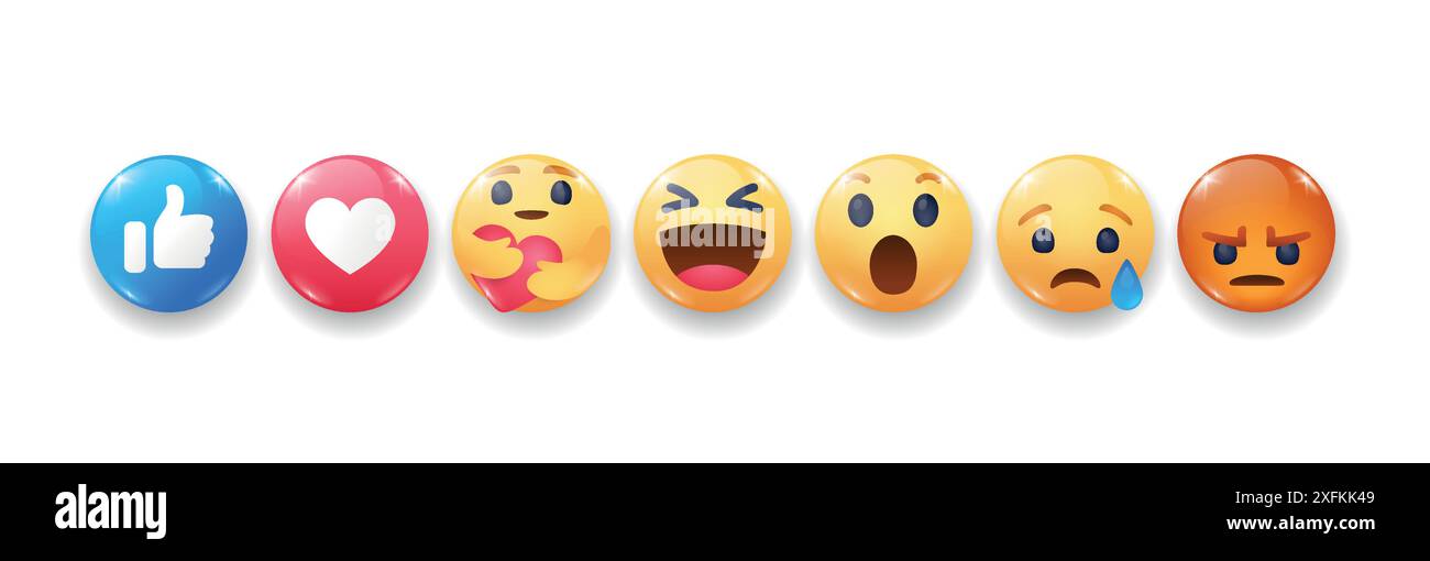 9 novembre 2020: Serie di reazioni Emoji Smiley empatiche su Facebook in un volume design realistico, illustrazione vettoriale Illustrazione Vettoriale