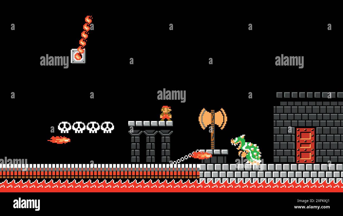 29 ottobre 2020: Mario nel castello Bowser, arte del videogioco classico di Super Mario Bros, illustrazione vettoriale di pixel design. Super Mario Bros è un piatto Illustrazione Vettoriale