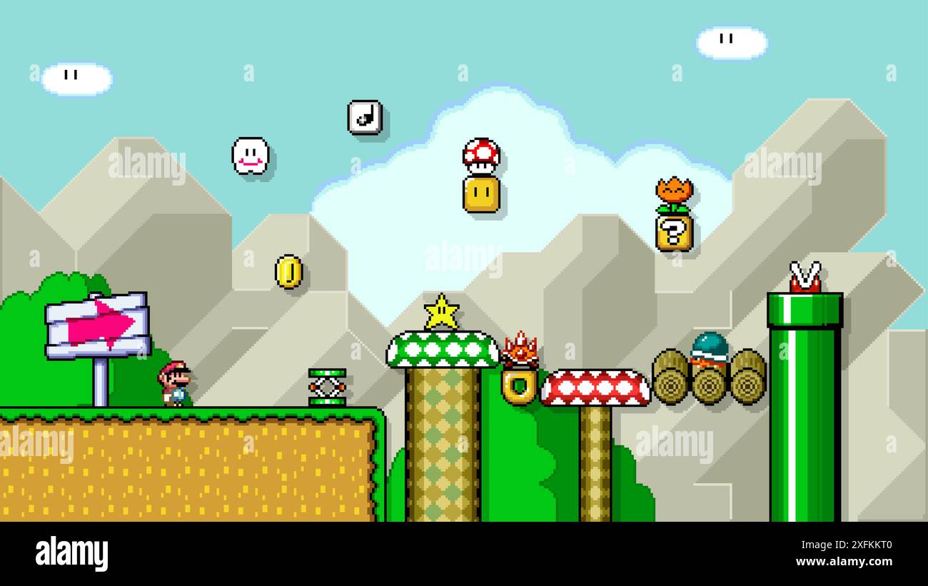 1 febbraio 2020: Art of Super Mario World classico videogioco, grafica vettoriale pixel design. Super Mario World è un videogioco a piattaforme sviluppato Illustrazione Vettoriale