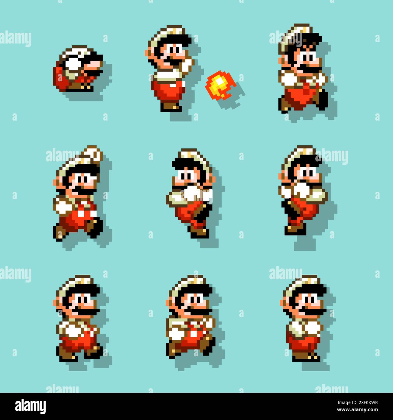 1 febbraio 2020: Set of Fire Mario Moves, arte del videogioco classico di Super Mario World, illustrazione vettoriale di pixel design. Super Mario World è un piatto Illustrazione Vettoriale