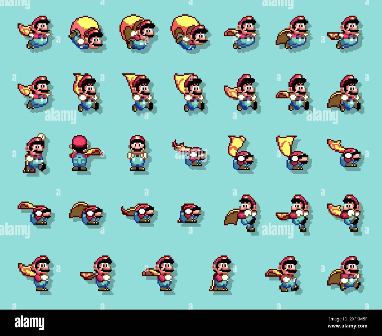 1° febbraio 2020: Set di Flying Mario Moves, arte del videogioco classico di Super Mario World, illustrazione vettoriale di pixel design. Super Mario World è un PL Illustrazione Vettoriale
